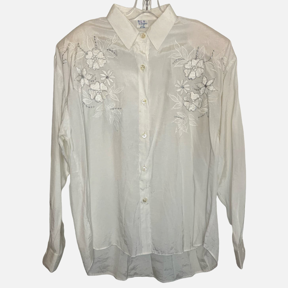 Parlay Designs Vintage White Embroidered Button Up Shirt Women's Size L Floral